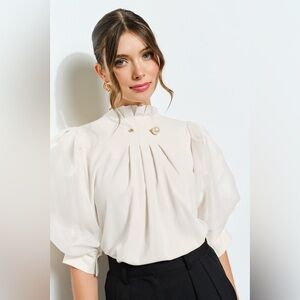 ‘Lana’ Elegant White Puff Sleeve Women's Top With a Pearl